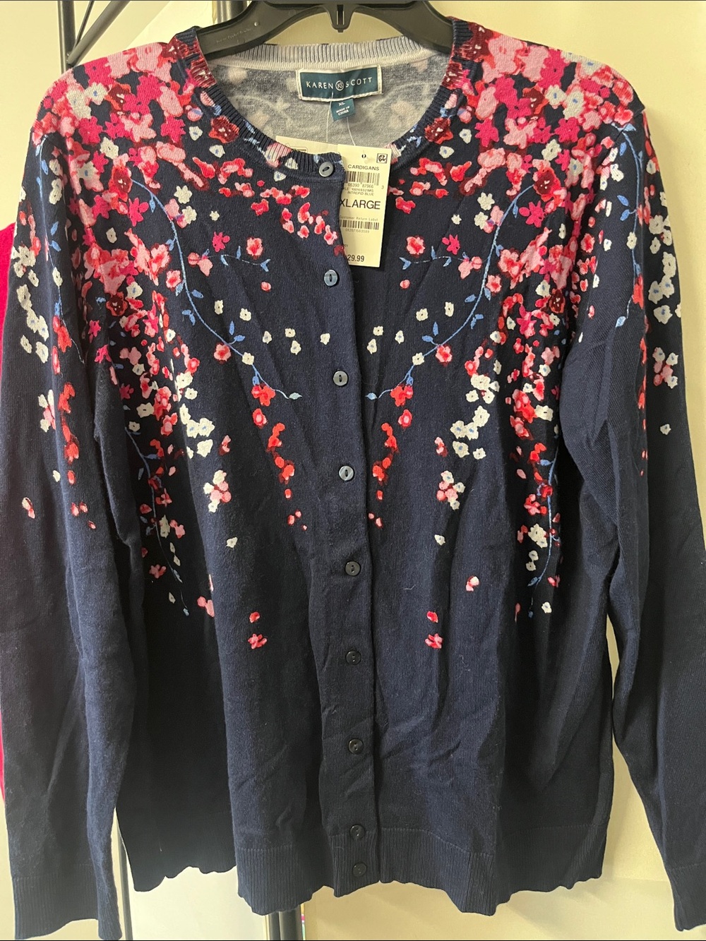 BNWT Karen Scott XL Navy Floral Button Cardigan with Pink & White Blossoms